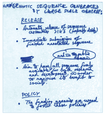 John Sulston's draft of the Bermuda Principles on a whiteboard in Hamilton, Bermuda