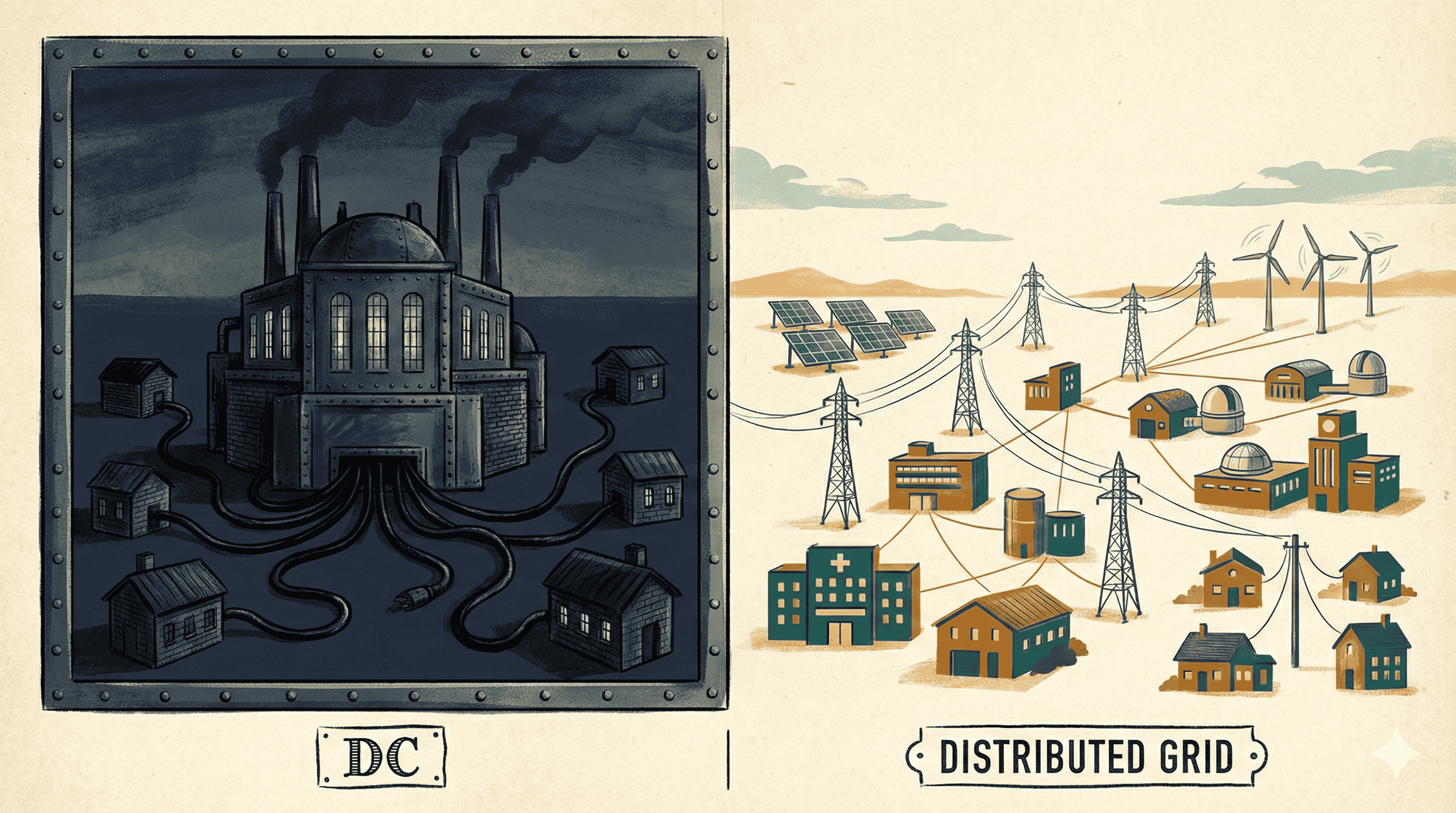The Current Wars: Edison's constrained DC power station versus a distributed grid