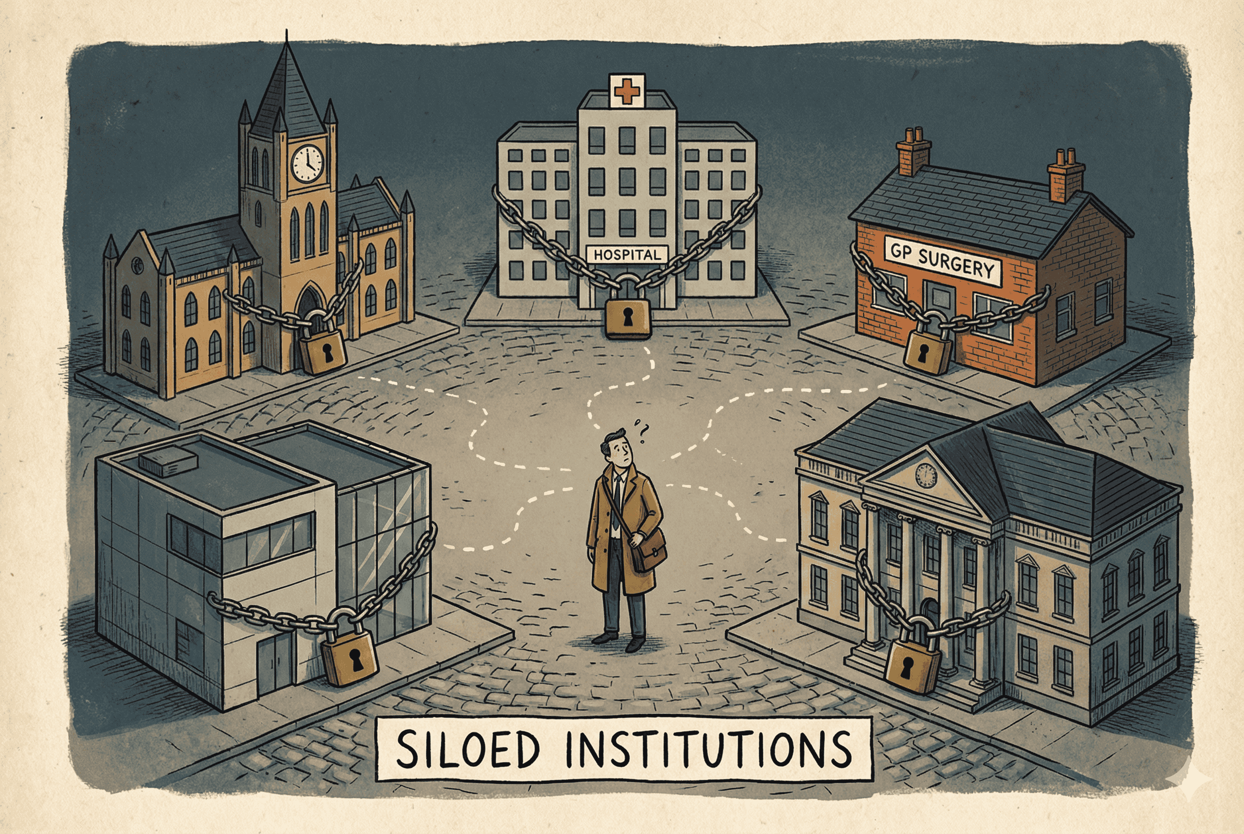 Siloed institutions: a researcher stands surrounded by locked buildings representing hospitals, universities, and GP surgeries